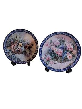 1992 Lena Liu Vintage Basket Bouquets Series Decorative Plates Roses & Pansies